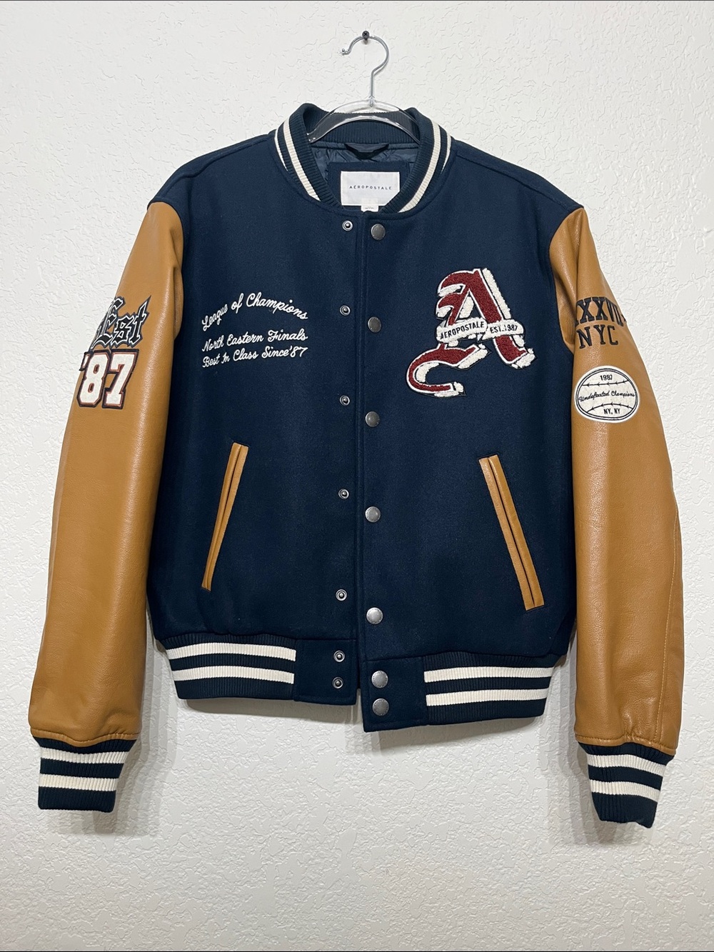 Aeropostale Men’s XS Varsity Jacket With Navy Blue Wool and Tan Leather Sleeves